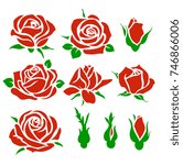 Vector set of decorative rose icon. Floral silhouette. Vintage flowers and buds