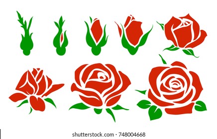 Vector set of decorative rose icon. Red flower silhouette with green leaves