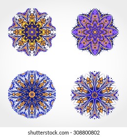 Vector set of decorative round ornaments. Design elements in yellow and blue colors.