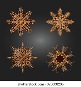 Vector set of decorative round ornaments, snowflakes. Design elements in brown colors.