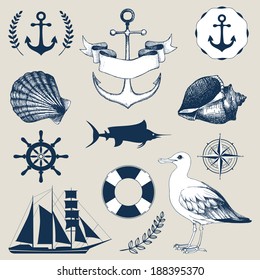 Vector set of decorative  sea elements and vintage hand drawn sea illustrations