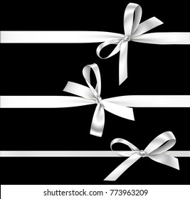 Vector set of decorative silver bows with horizontal ribbon isolated on black. White bow and ribbon for gift decor