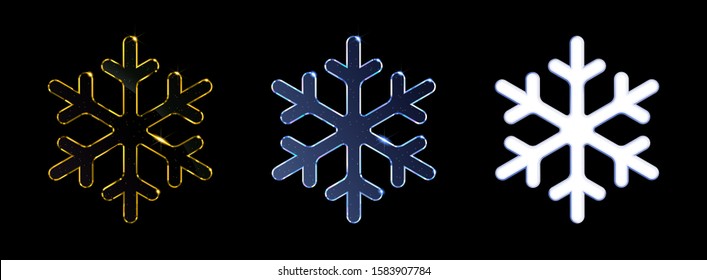 Vector set of decorative snowflakes. Golden, blue crystal and white icons are isolated on a black background. Transparent surface. 3D realistic objects. Symbol of winter, Christmas and frosty weather