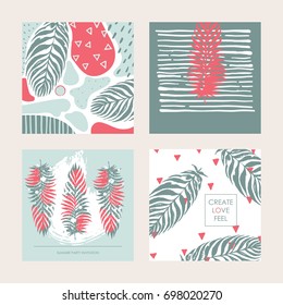 Vector set with decorative set of square cards in pastel colors. Design dedicated to summer, tropics and palm leaves. Place for creative lettering and hand drawn textures.