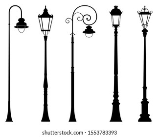 Vector set of decorative street lantern silhouettes in retro style, in black color, isolated, on white background. 