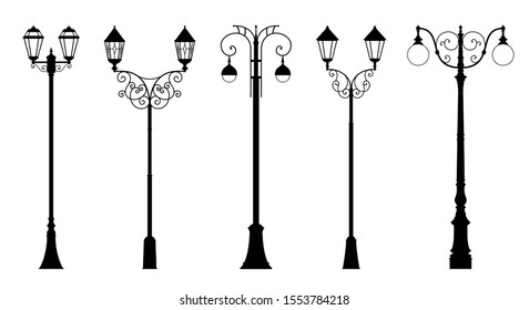 Vector set of decorative street lantern silhouettes in retro style, in black color, isolated, on white background. 