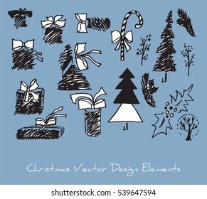 Vector set of decorative stylized Christmas design elements (gift boxes with bows and ribbons, fir trees, pine tree branches, holly with berries, a lollipop) hand drawn as hatching