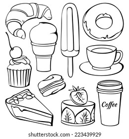 Vector set of  decorative sweet food and drinks illustration isolated on white