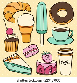 Vector set of  decorative sweet food and drinks illustration. Vintage bakery illustration.