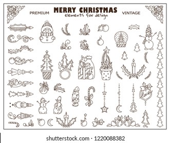 Vector set of decorative tiny arts in doodle style. Hand drawn wave signs, symbols, arrows, consist from winter and Christmas elements, snowmen, Christmas trees, stars, elves and more