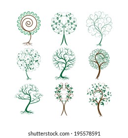 Vector set of decorative trees for design