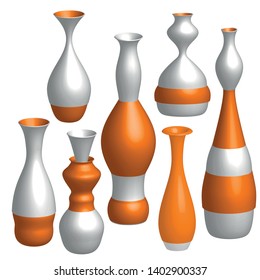 Vector set of decorative vases, jugs, sports cups. Seven vases of different shapes and proportions, white orange color.