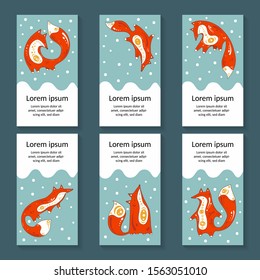 Vector set of decorative vertical bookmarks cards with sleeping foxes. It can be used as gift cards, bookmarks and a book divider.