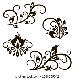 Vector set of decorative vintage elements. Swirl floral ornaments for design. Vignettes, motifs,  black and white, isolated elements. 