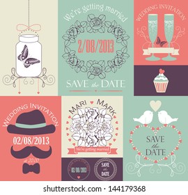 Vector set of decorative wedding card in poster color. Vector illustration