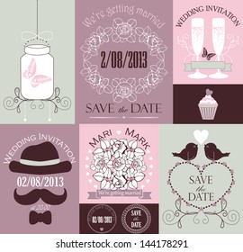 Vector set of decorative wedding cards in lavender colors. Vector illustration