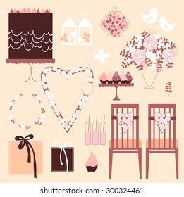  Vector set of decorative wedding elements . Chairs, cake, lanterns, birds, flowers.