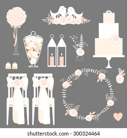  Vector set of decorative wedding elements . Chairs, sweets,wreath,cake, lanterns, birds, flowers.