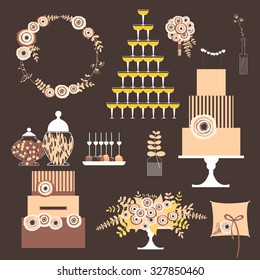 Vector set of decorative wedding elements . Cake, flowers, box for cards, bouquet, sparkling wine, candy, pillow for rings. Vector illustration