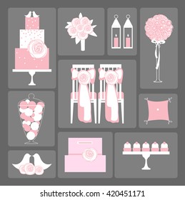 Vector set of decorative wedding elements . Chairs, cake, lanterns, birds, card box, sweets,flowers.