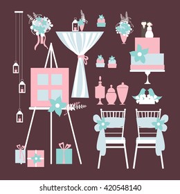 Vector set of decorative wedding elements. Chairs, cake, lanterns, birds, flowers. Vector illustration.