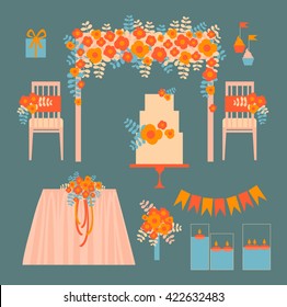 Vector set of decorative wedding elements. Chairs, arch, cake, candles, table, flowers. Vector illustration