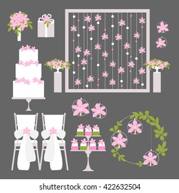 Vector set of decorative wedding elements. Chairs, cake, arch, bouquet, cupcakes, flowers. Vector illustration.
