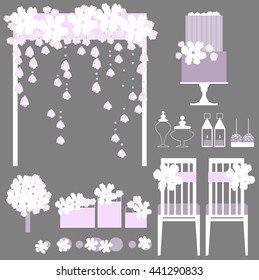 Vector set of decorative wedding elements. Chairs, arch, cake, lanterns, flowers, bouquet, gifts, pillow for rings, cards box. Vector illustration