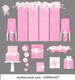 Vector set of decorative wedding elements. Chairs, cake, gifts, flowers. Vector illustration.