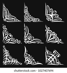 Vector set of decorative white Corners on black for creating frames, ornate decoration with flourishes, 9 vintage corners with curls and dots for borders, ornament with detail indian design elements.