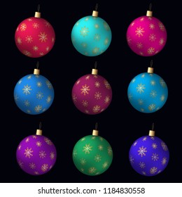 Vector set of decore for christmas. Nine balls for christmas tree. Different colors ,decorated snowflakes. Holiday design.