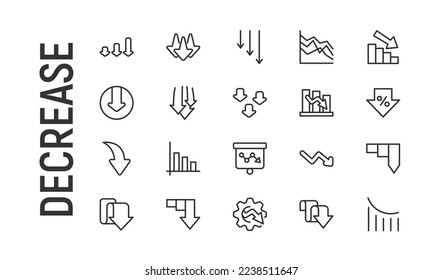 Vector set of decrease thin line icons. Design of 20 stroke pictograms. Signs of decrease isolated on a white background.