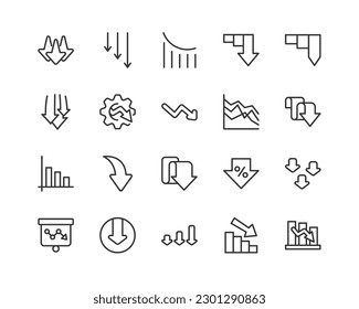 Vector set of decrease thin line icons. Design of stroke pictograms. Signs of calendar isolated on a white background