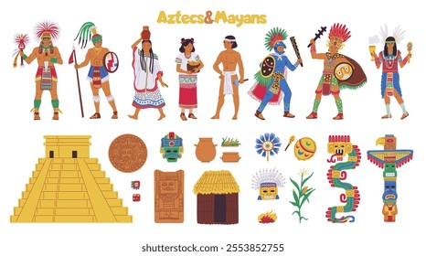 A vector set dedicated to the Aztecs and Maya. Graphics with totems, natives in national clothes, a pyramid telling about the history of ancient civilizations