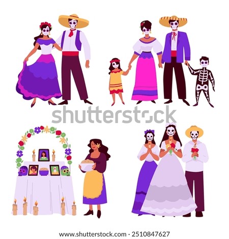 Vector set dedicated to the Day of Death with an altar of a deceased relative, friends and family in national clothes with makeup in the form of skulls