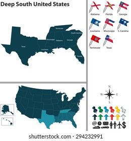 Vector set of Deep South of United States with flags and map on white background