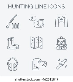 Vector set of deer and duck hunt symbols. Hunting, shooting gear icons. Advertising Hunter Equipment.