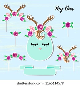 Vector set with Deer, Headband, Antler, flower wreath. Deer symbols as patch, stick cake topper, sticker, drink topper. Props for baby birth, Deer party, birthday, first birthday, baby shower.