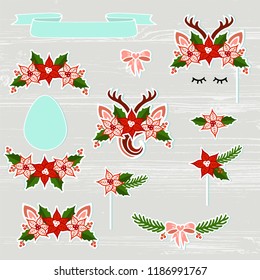 Vector set with Deer, Headband, Antler, flower wreath. Deer symbols as patch, stick cake topper, sticker, drink topper. Props for Christmas, Deer party, birthday, first birthday, baby shower.