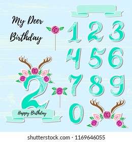 Vector set with Deer headband, Numbers, flower. My Deer symbols as patch, stick cake topper, sticker, drink topper. Props for baby birth, Deer party, birthday, first birthday, baby shower.