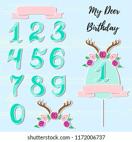 Vector set with Deer headband, numbers, frame. Deer symbols as patch, stick cake topper, sticker, drink topper. Props for baby birth, Deer party, birthday, first birthday, baby shower.