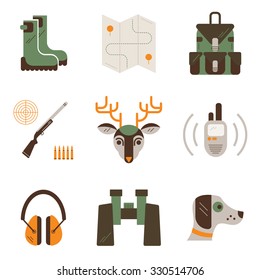 Vector Set Of Deer Hunt Symbols. Hunting, Shooting Gear Icons. Unique And Modern Flat Set Isolated On White Background.