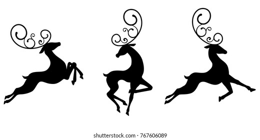 Vector set of deer silhouettes in different poses on white background