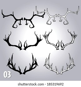 Vector set of deer`s horns on gradient background. Hand drawn design elements 