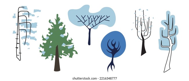 Vector set of deffernt styled trees in winter time