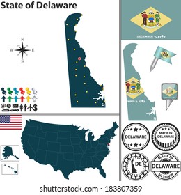 Vector set of Delaware state with flag and icons on white background