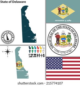 Vector set of Delaware state with flag and icons on white background