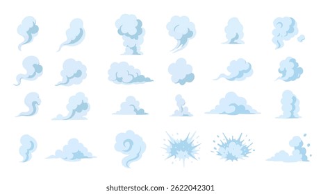 Vectorset van delicate blauwe rookwolken, wervelvormen en explosie-effecten met afgeronde contouren. Wervel-, golf- en impactvormpictogrammen voor visuele effecten, afbeeldingen.