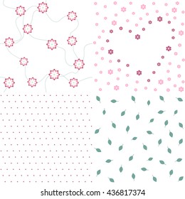 Vector set of delicate floral patterns. Background of flowers, leaves, heart and circles. Vector set of pretty herbal patterns.