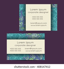 Vector set of delicate hand drawn boho doodle paisley business card template designs. Summer floral design.
